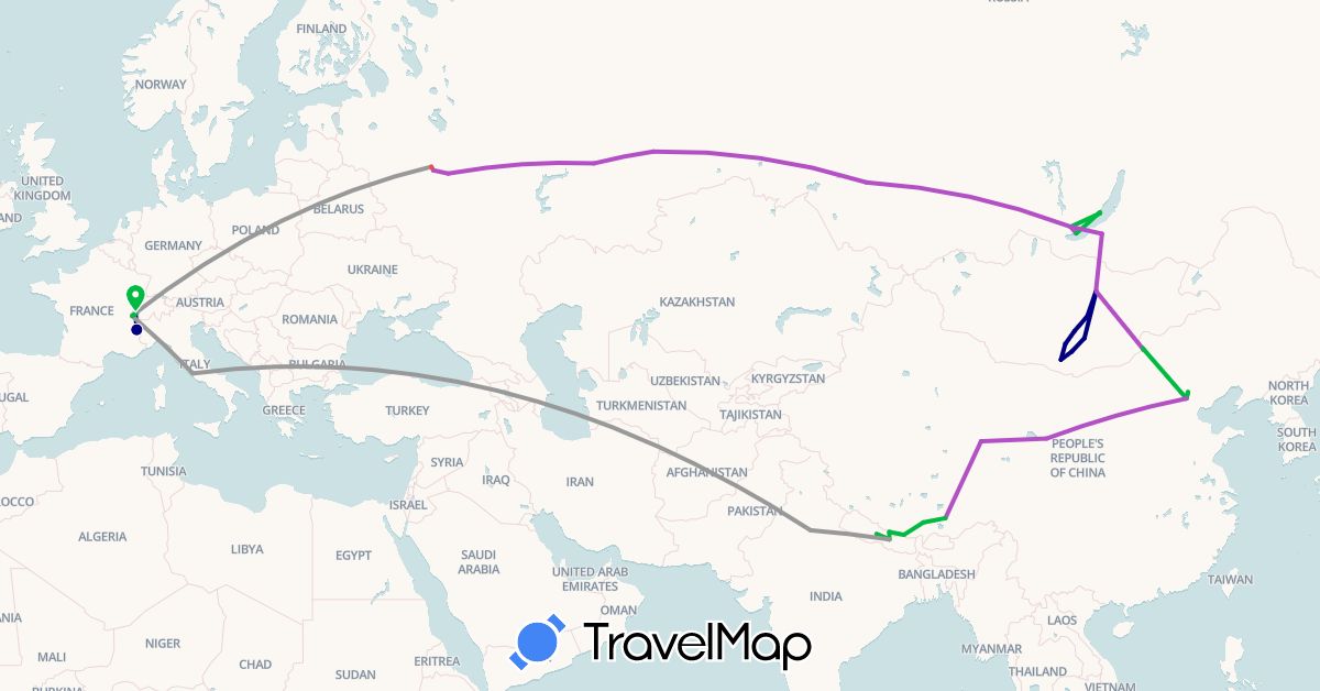 TravelMap itinerary: driving, bus, plane, train, hiking in Switzerland, China, France, India, Italy, Mongolia, Nepal, Russia (Asia, Europe)